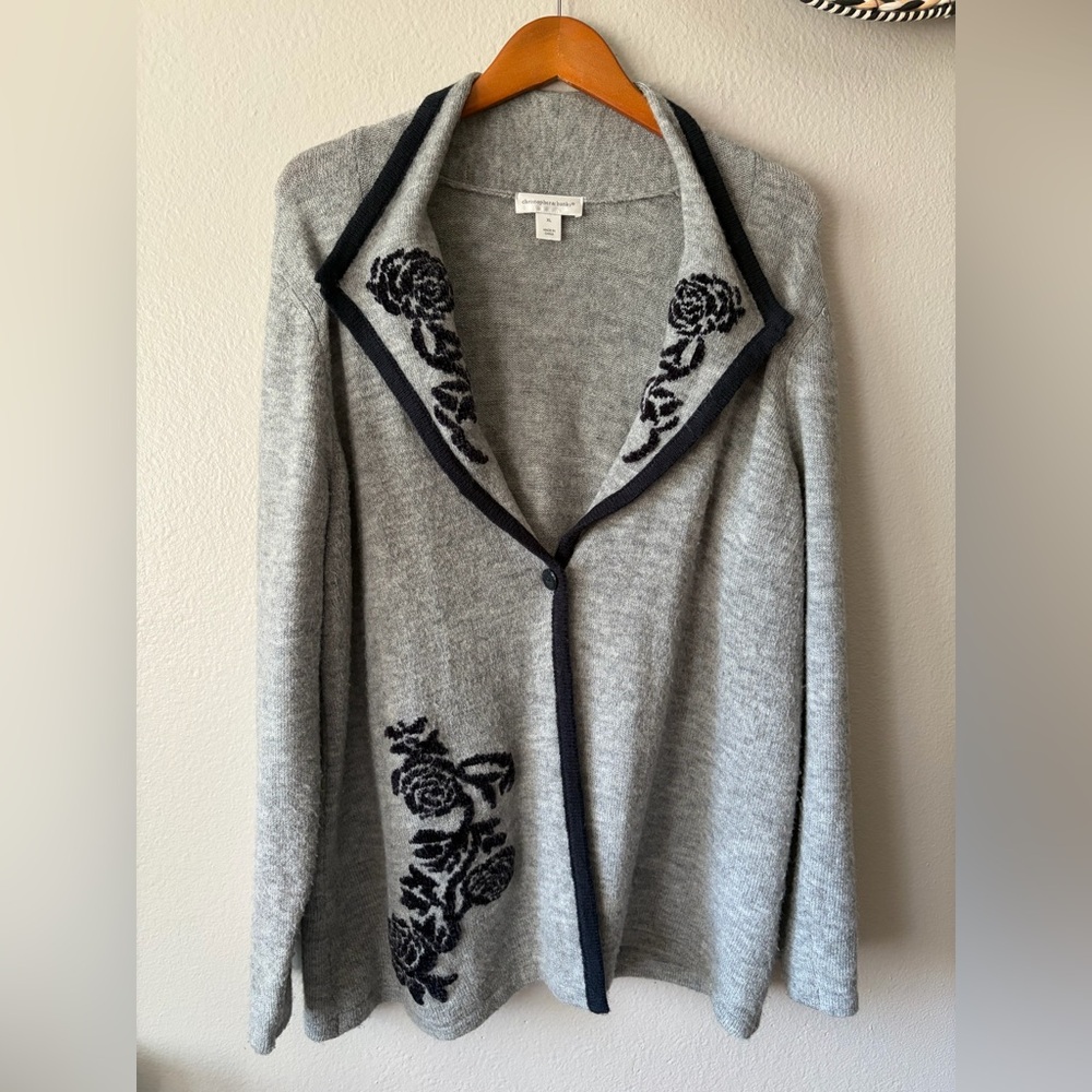 Christopher & Banks Tailored Gray Embroidered Floral Cardigan Sweater Women’s XL